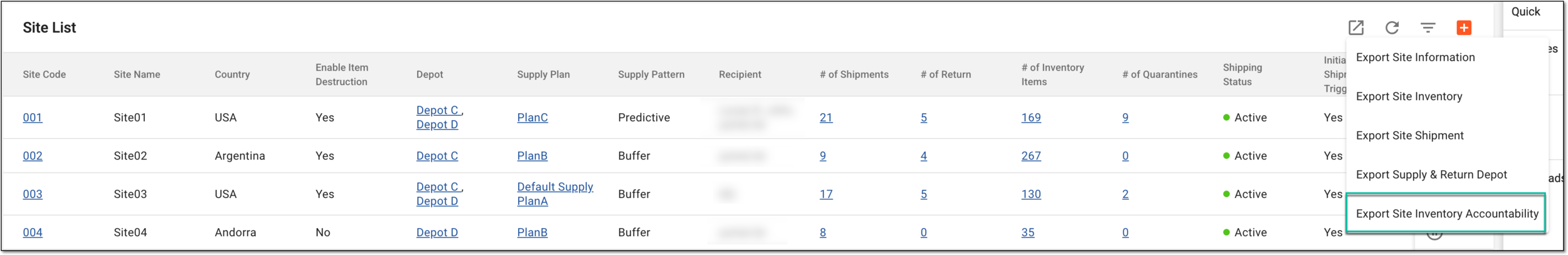 Exporting site inventory accountability data