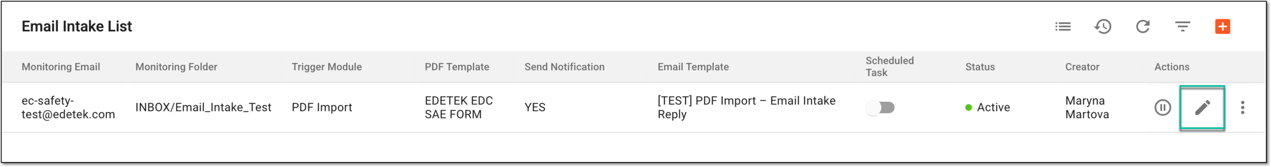 Selecting option to edit email intake configuration