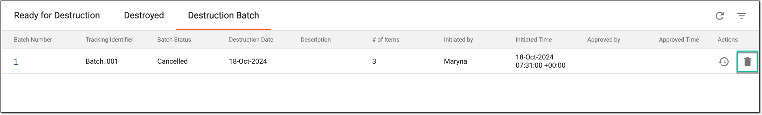 Deleting item destruction batch from list