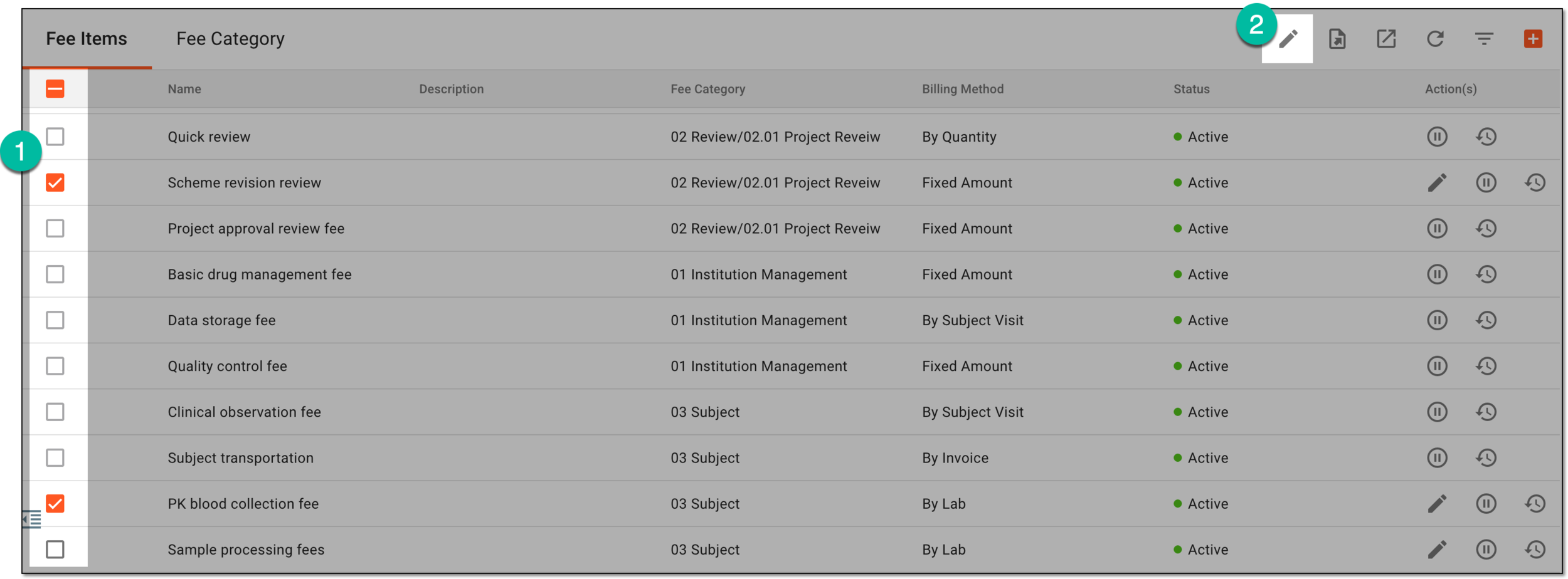 Selecting option to edit fee items in bulk