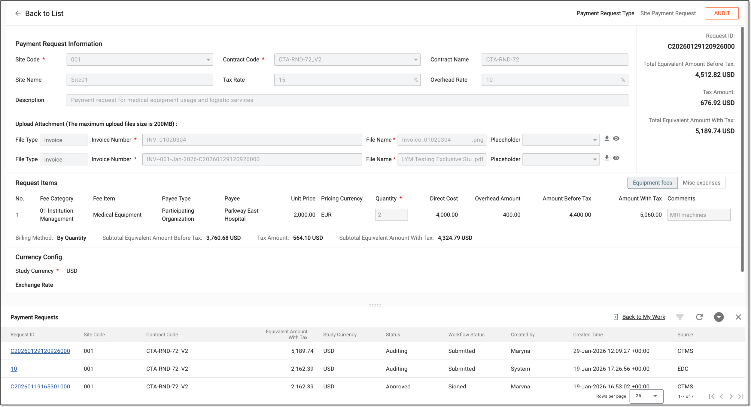 Payment request auditing page example