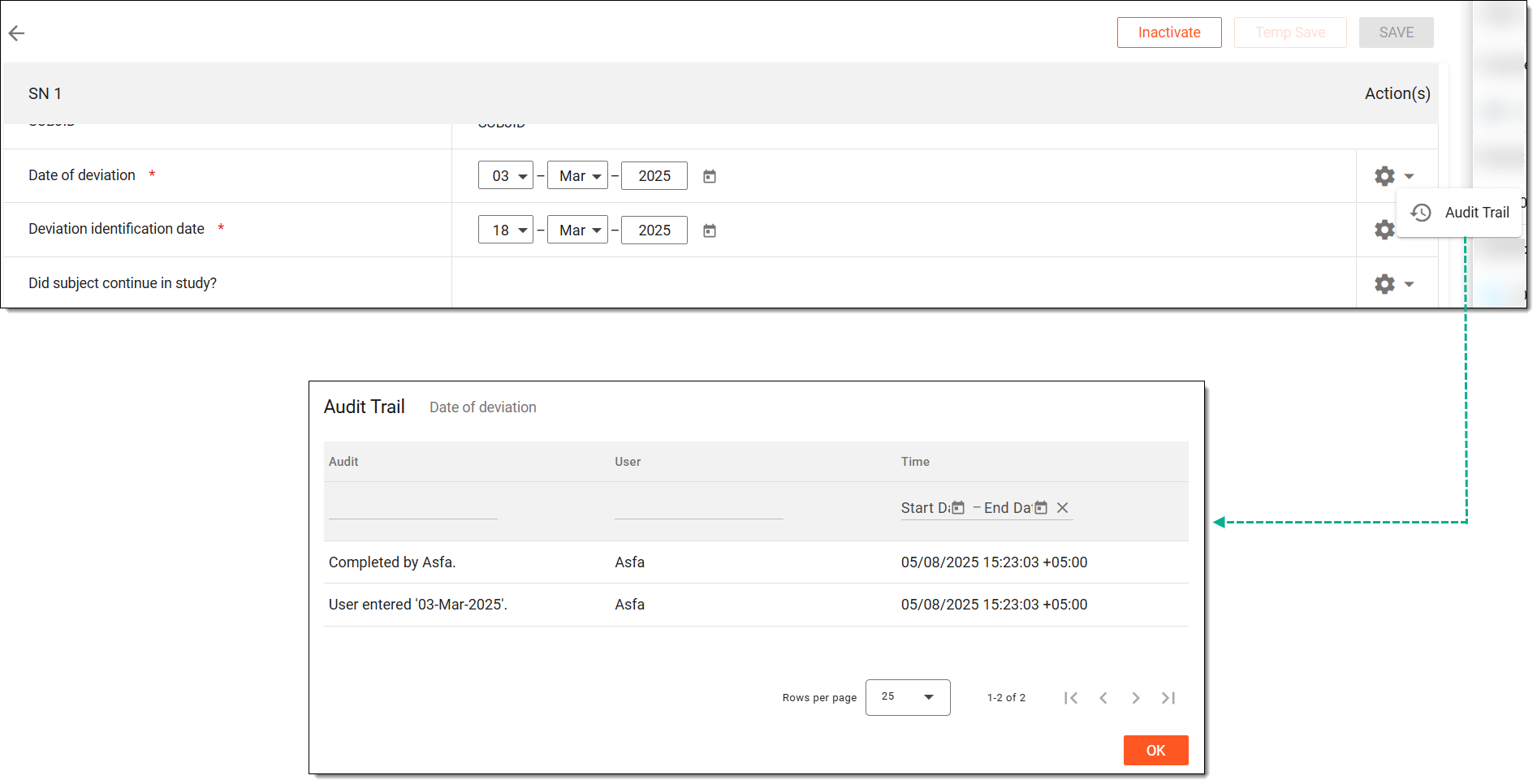 Analyzing change log of protocol deviation report