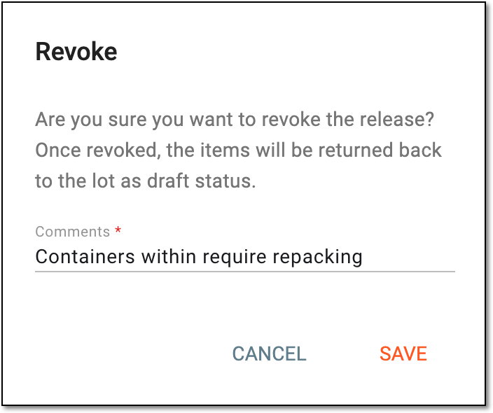 Confirming to revoke packaging lot