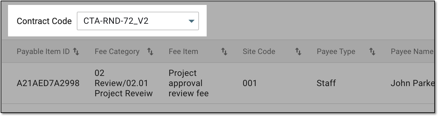 Selecting contract to show payable item list