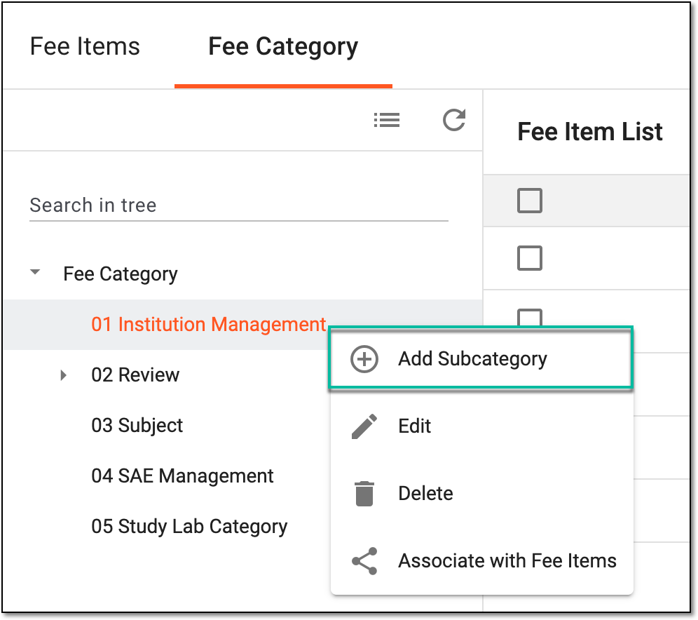 Selecting option to add subcategory