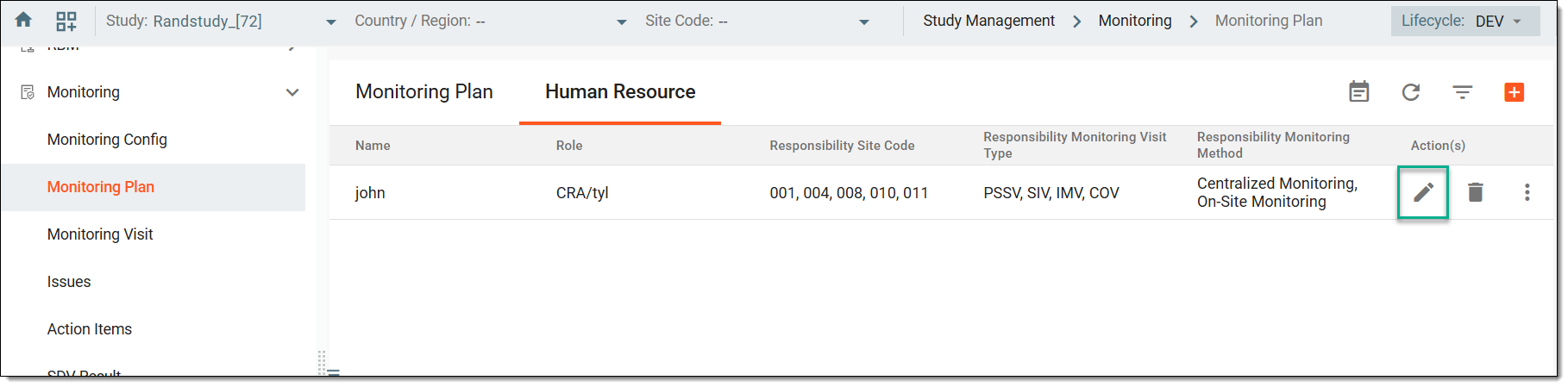 Accessing option to edit human resource