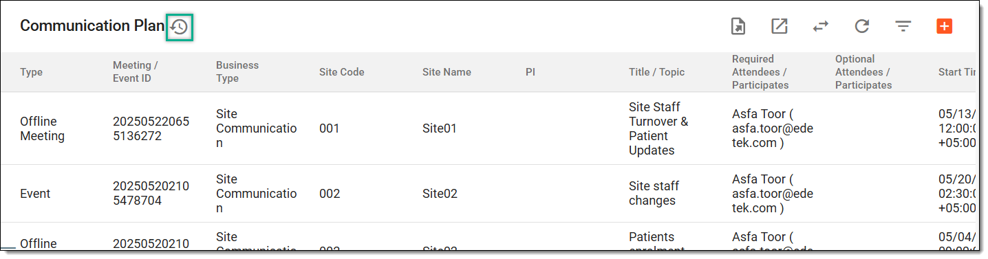 Accessing operation history of meetings and events from table view