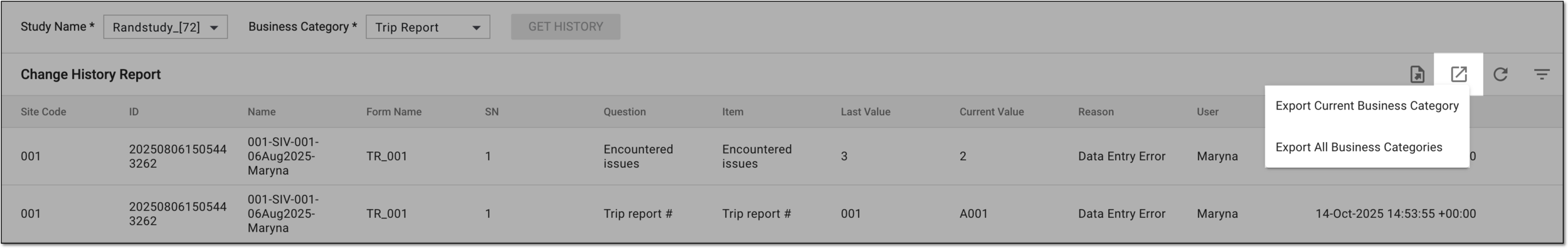 Selecting option to export change history report
