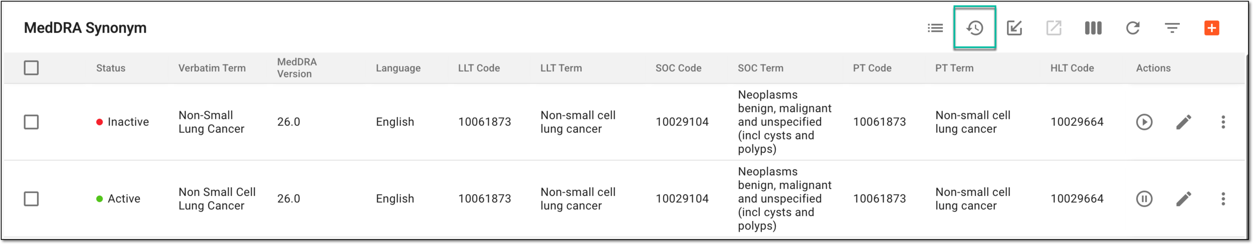 Selecting to view MedDRA synonym list change history