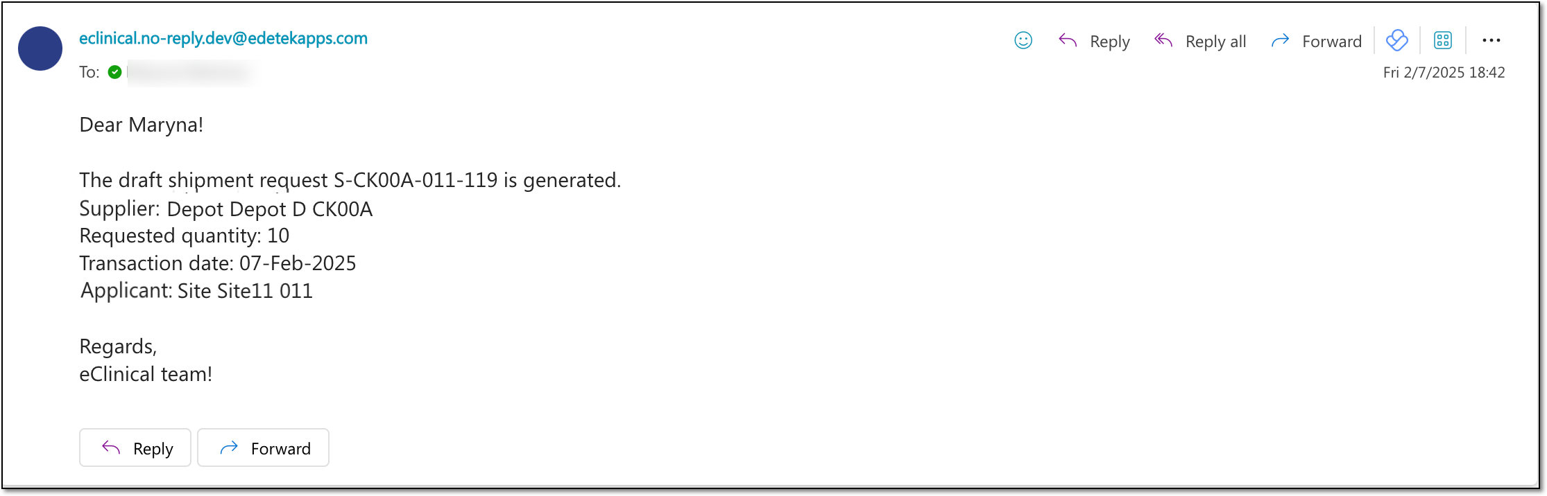 Shipment alert email example