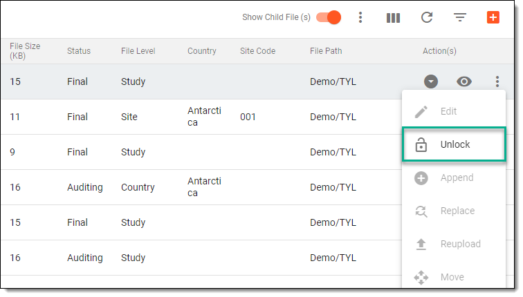 Selecting option to unlock file
