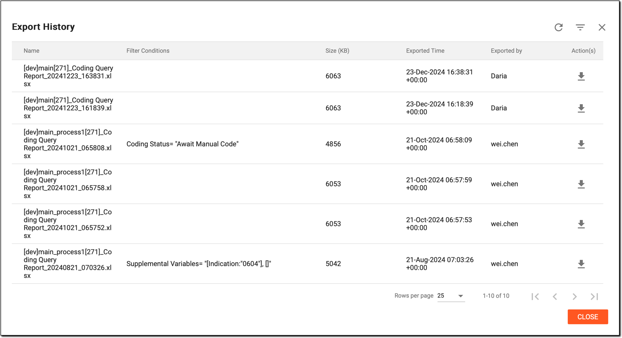 Viewing exporting history of coding query reports