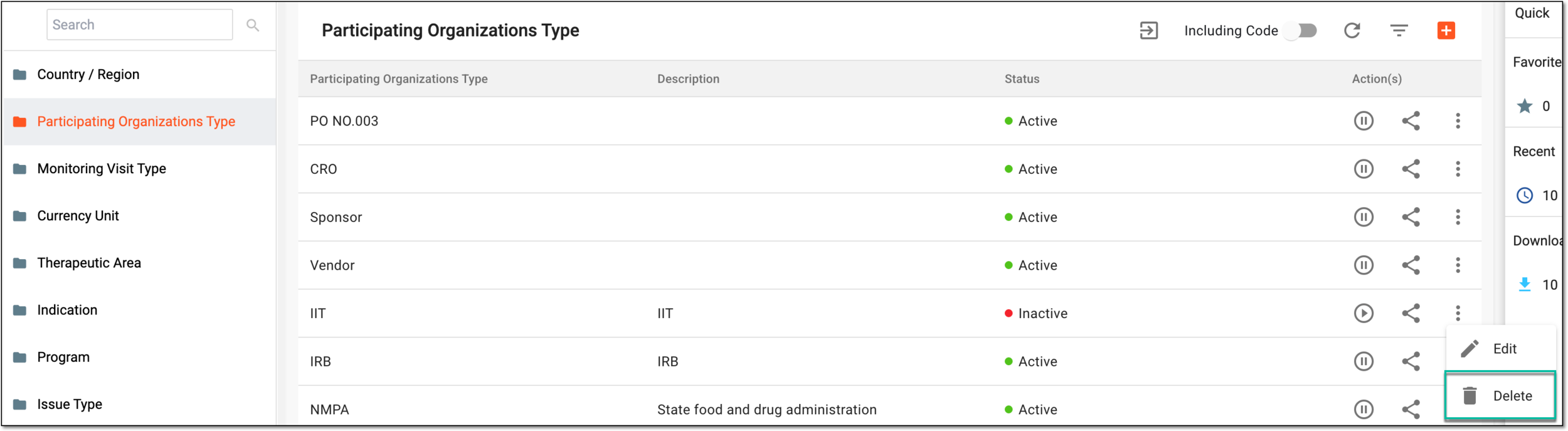 Selecting option to delete data element