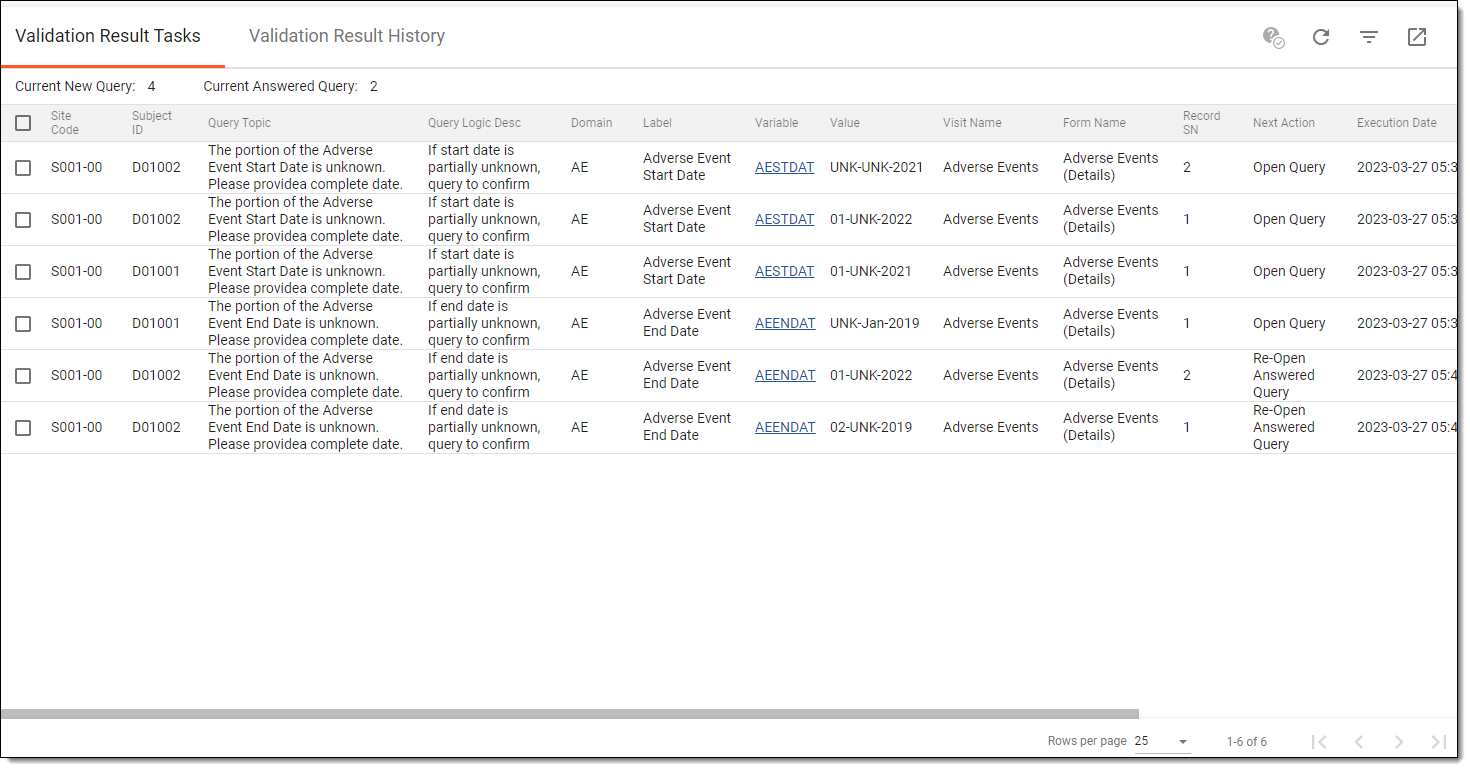 Viewing validation result tasks