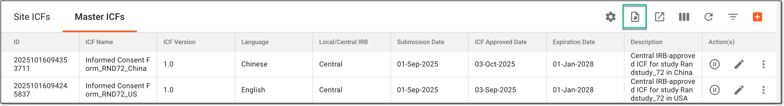 Accessing master ICF listing export history