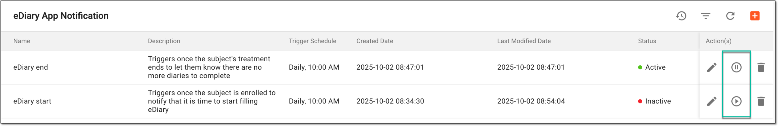 Selecting options to activate or inactivate eDiary app notification