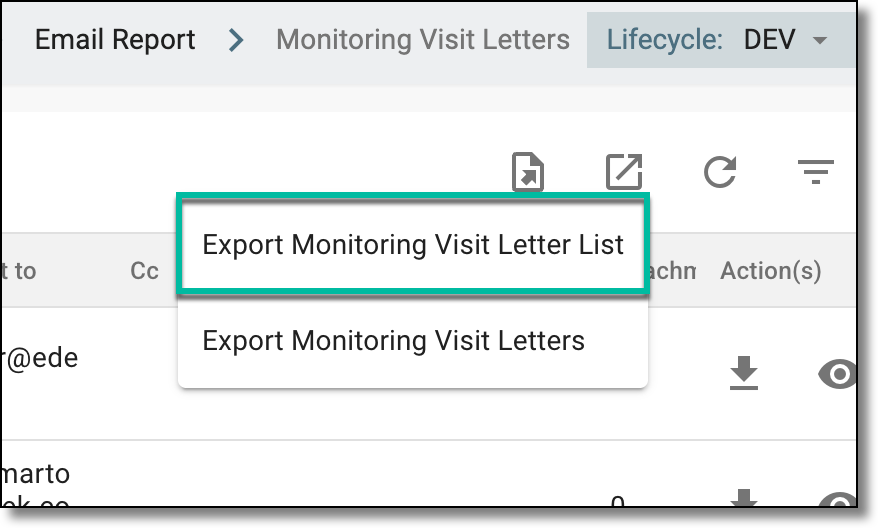 Selecting option to export monitoring visit letters