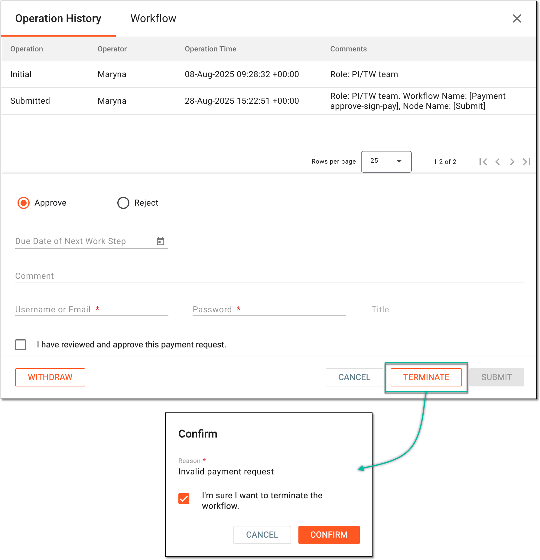 Terminating audit for payment request