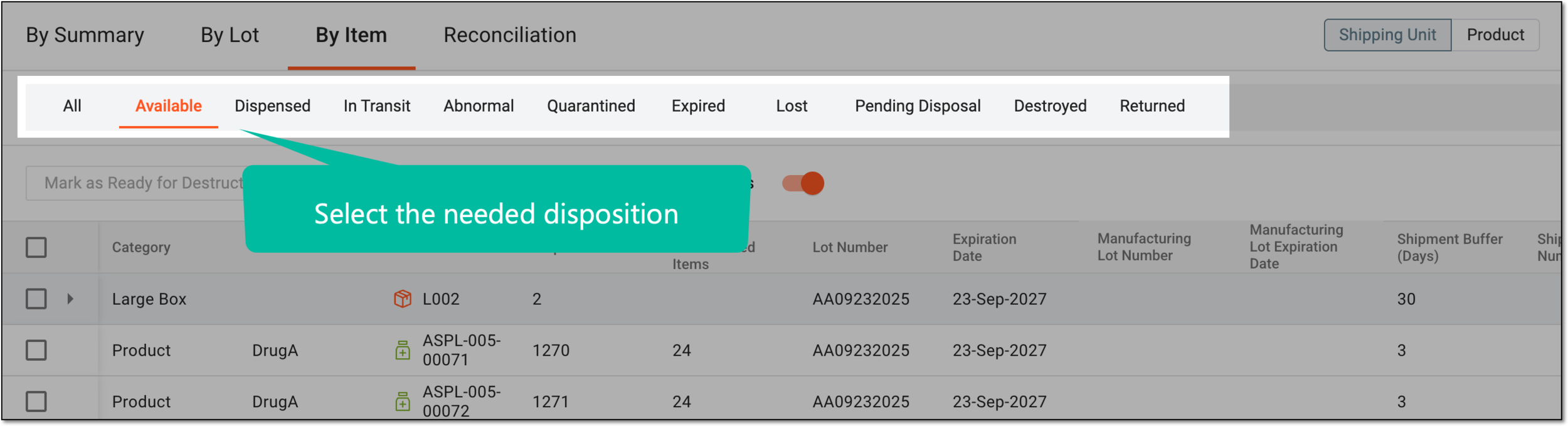 Filtering inventory by item disposition