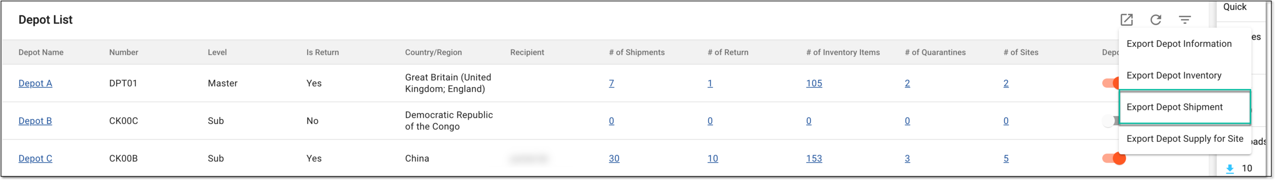 Exporting depot shipment data
