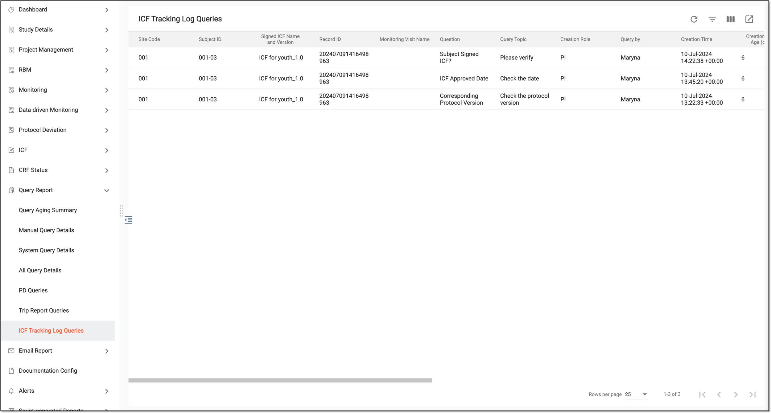 Reviewing ICF tracking log queries