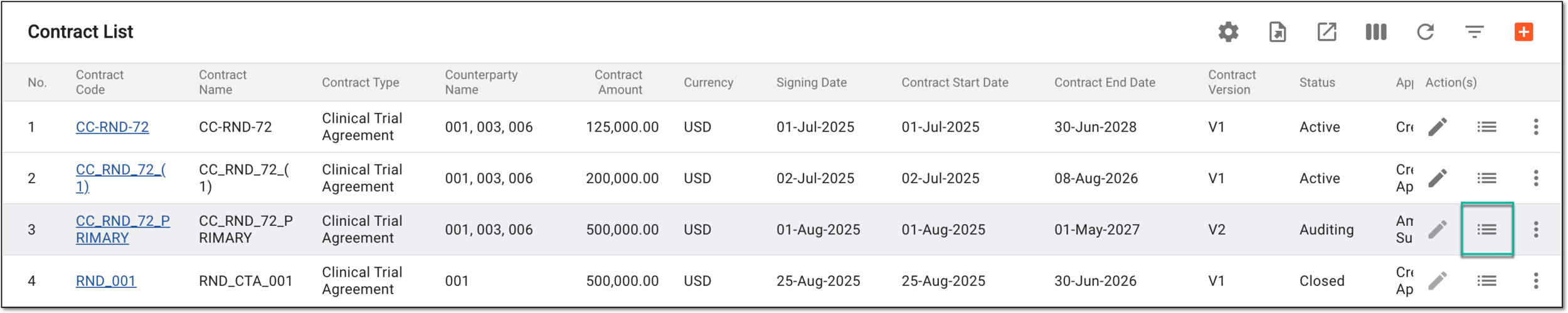 Selecting option to audit contract