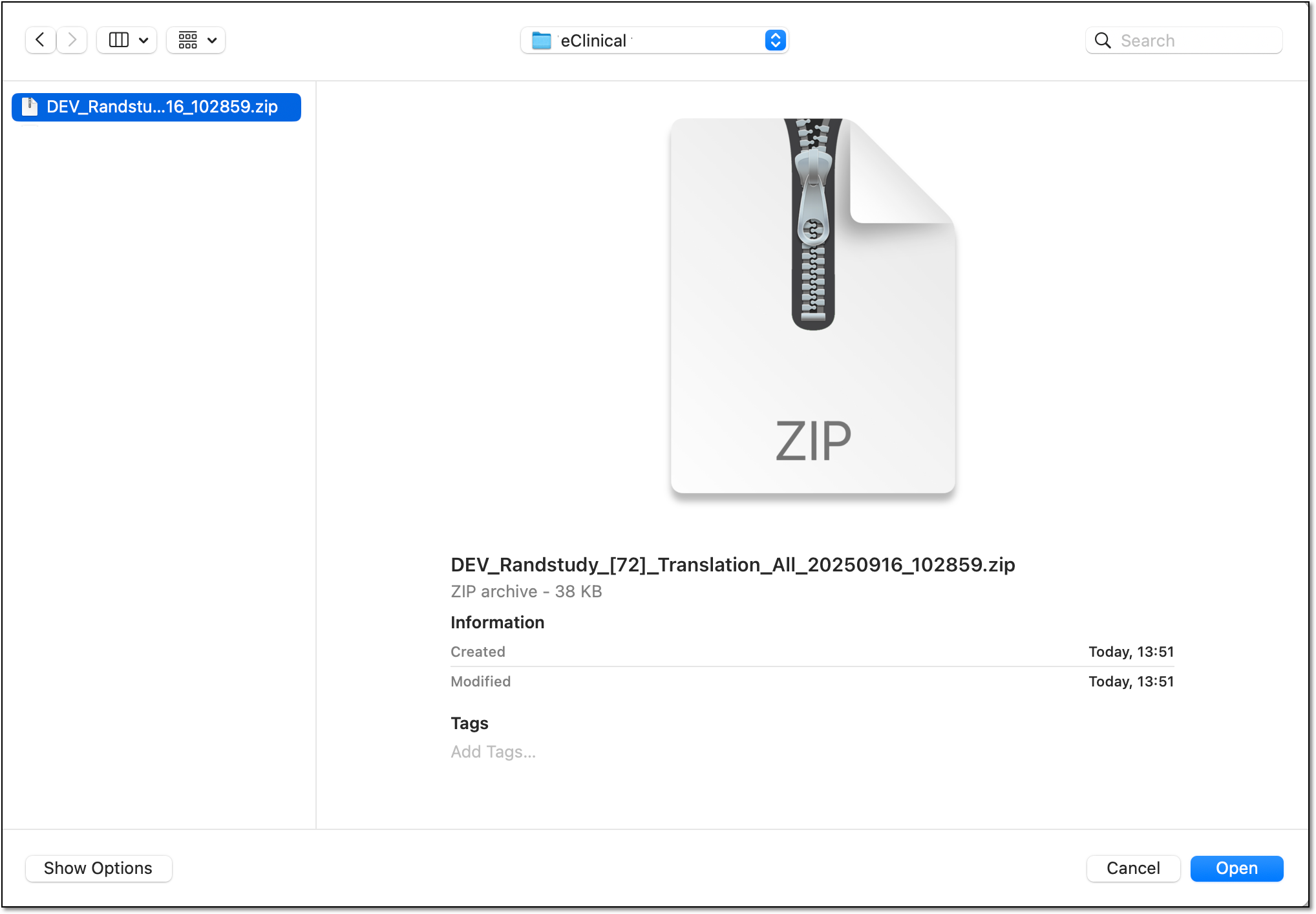 Selecting prepared ZIP with translation texts