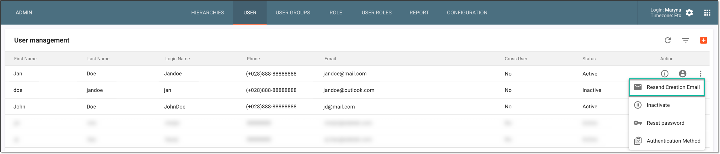 Selecting option to resend creation email