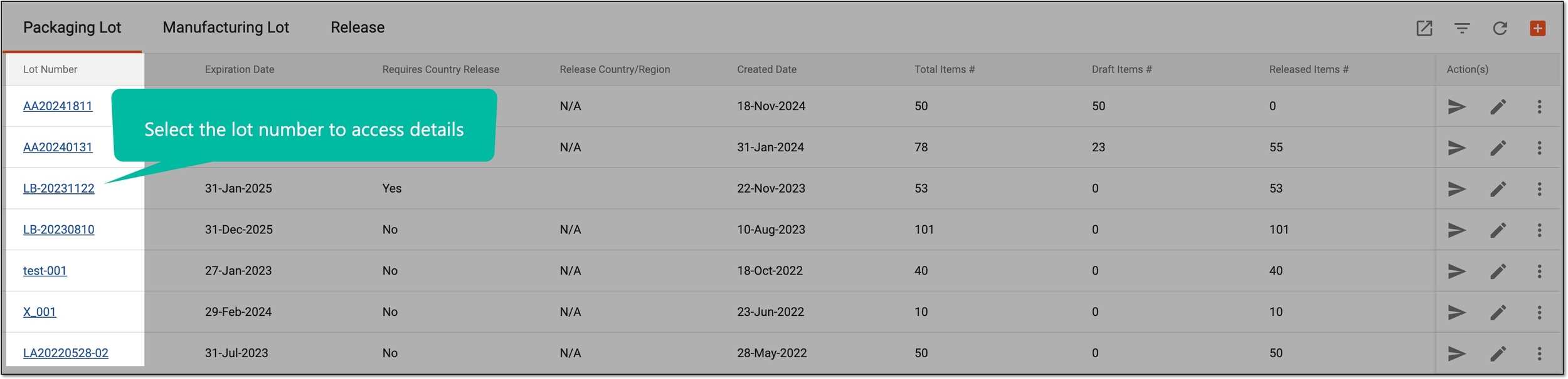 Accessing packaging lot details