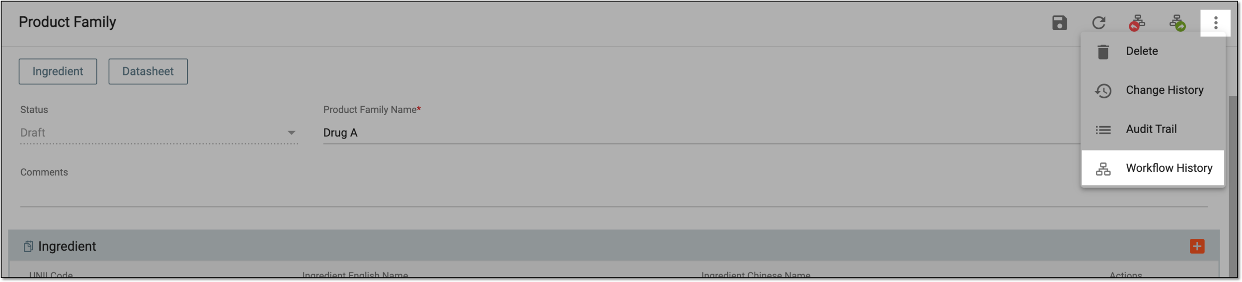Selecting to view workflow history