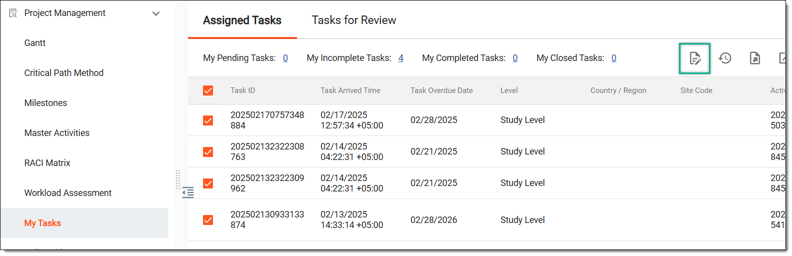 Accessing option to update task status