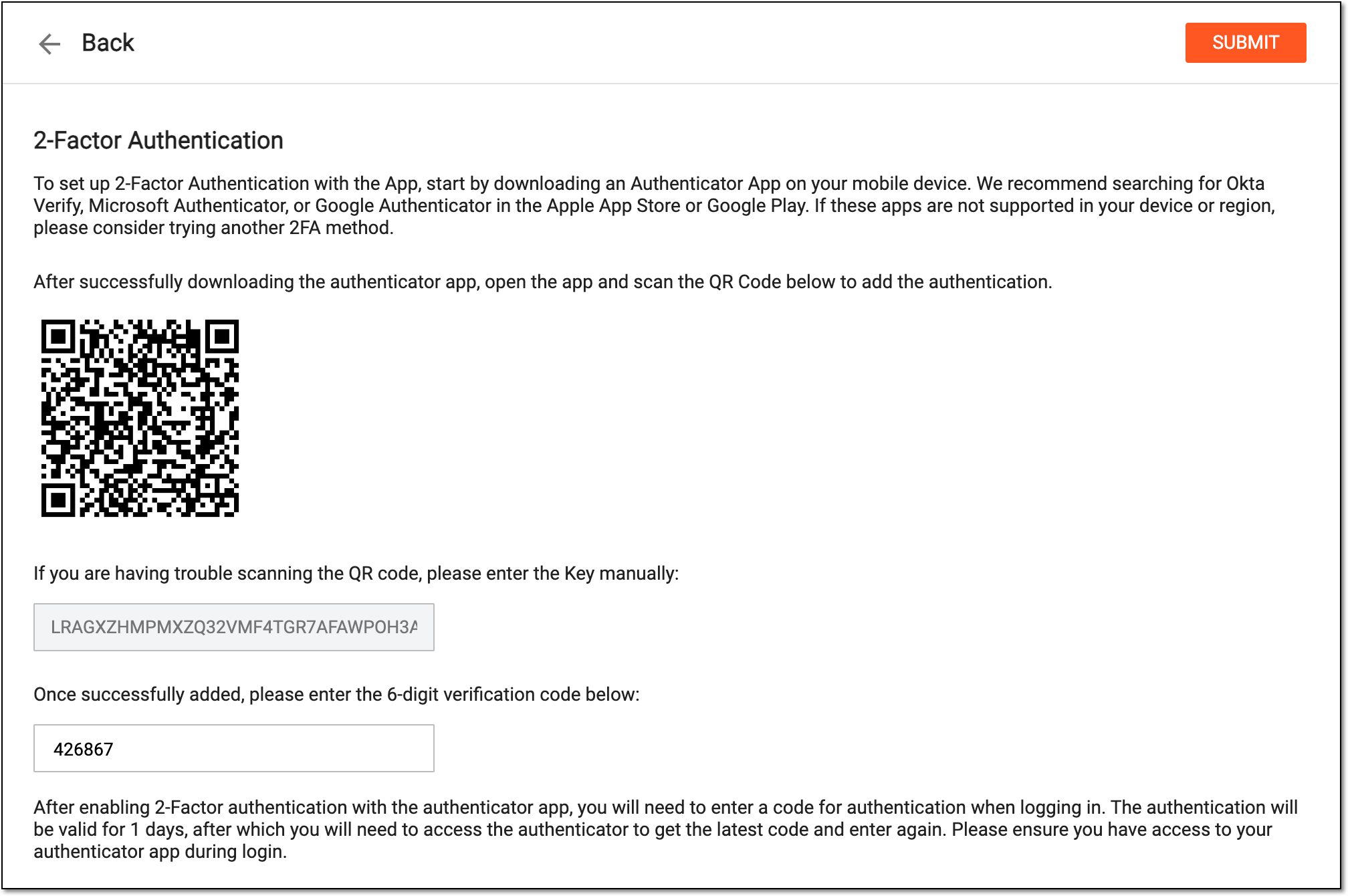 Confirming 2FA setting