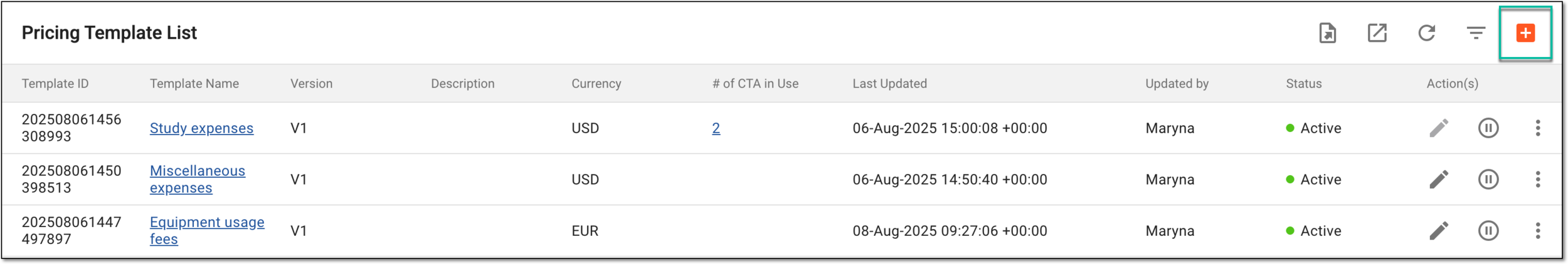 Selecting option to add new pricing template