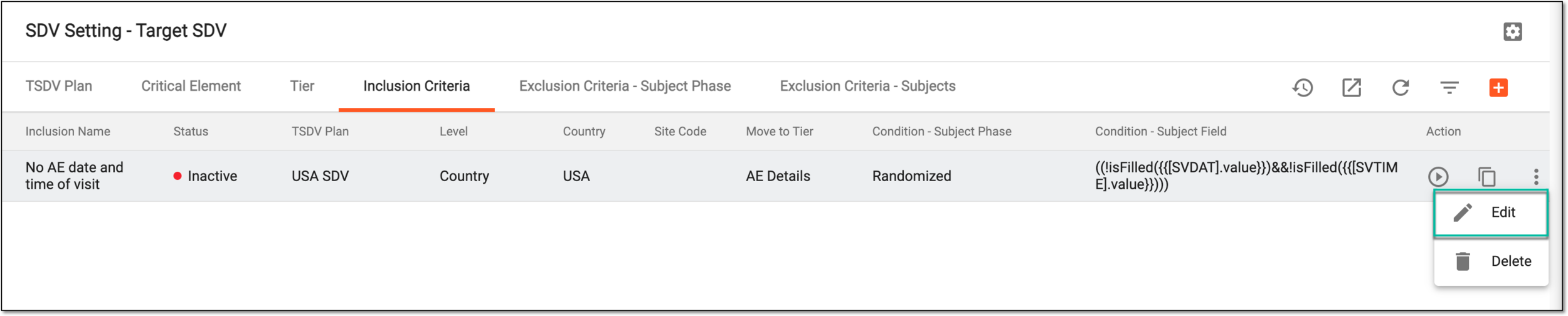 Selecting to edit inclusion criteria