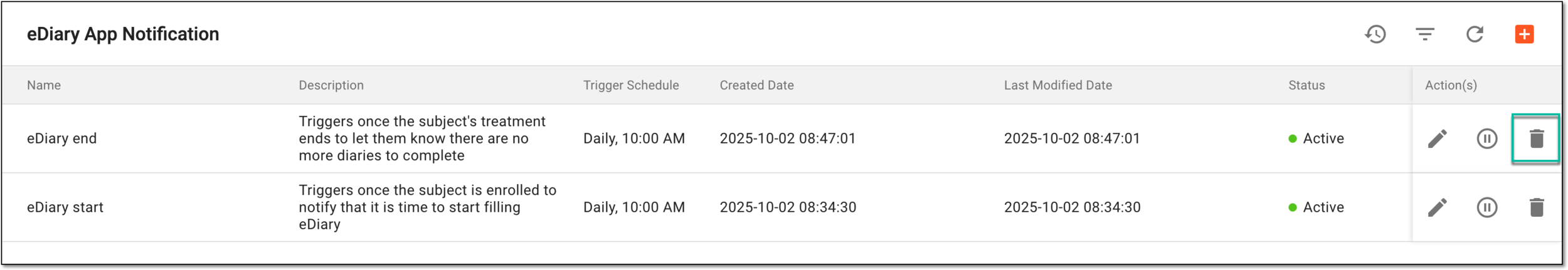 Deleting eDiary app notification