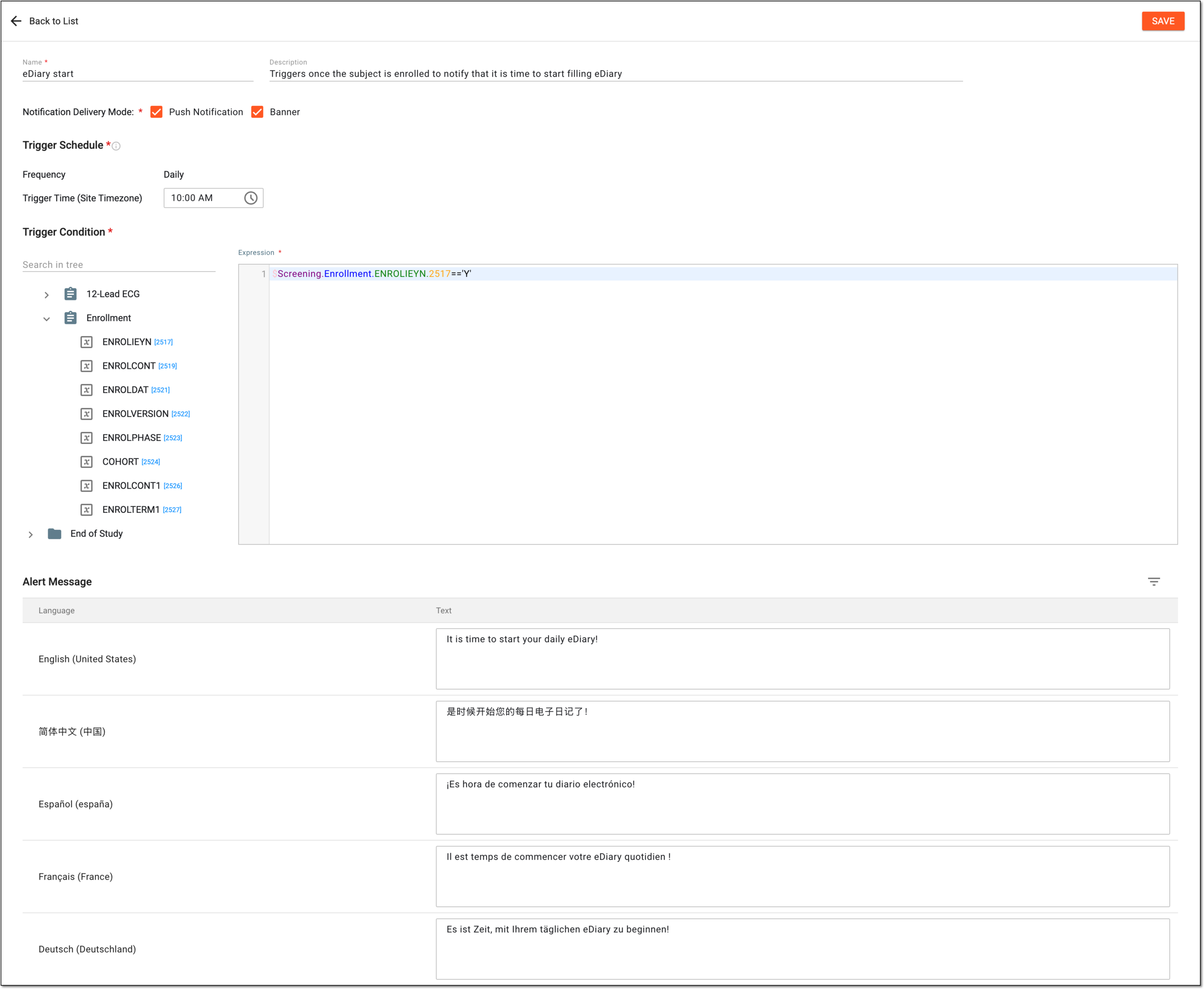 Configuring eDiary notification details
