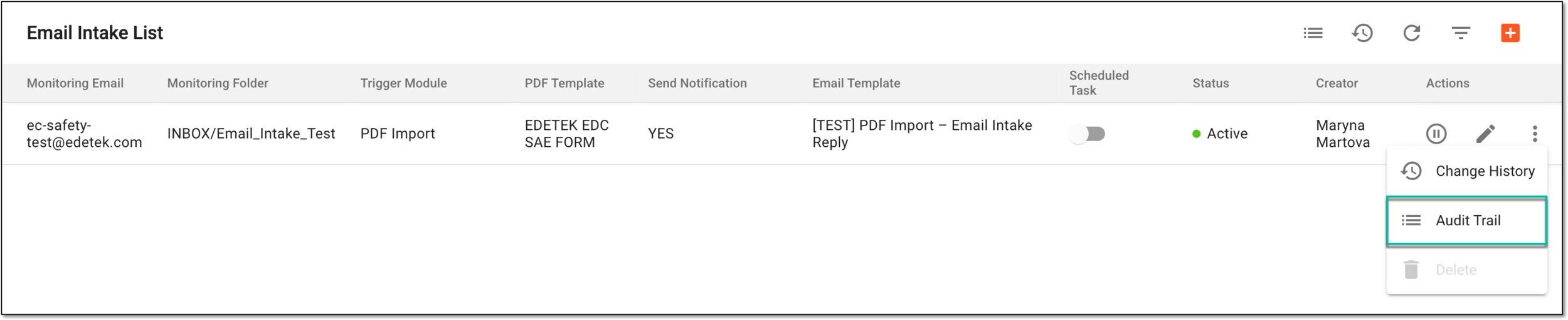 Accessing email intake configuration audit trail