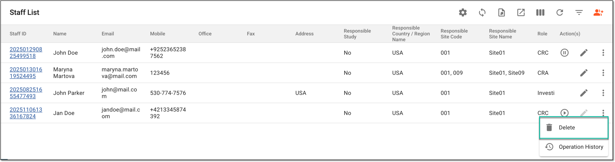 Accessing option to delete staff member