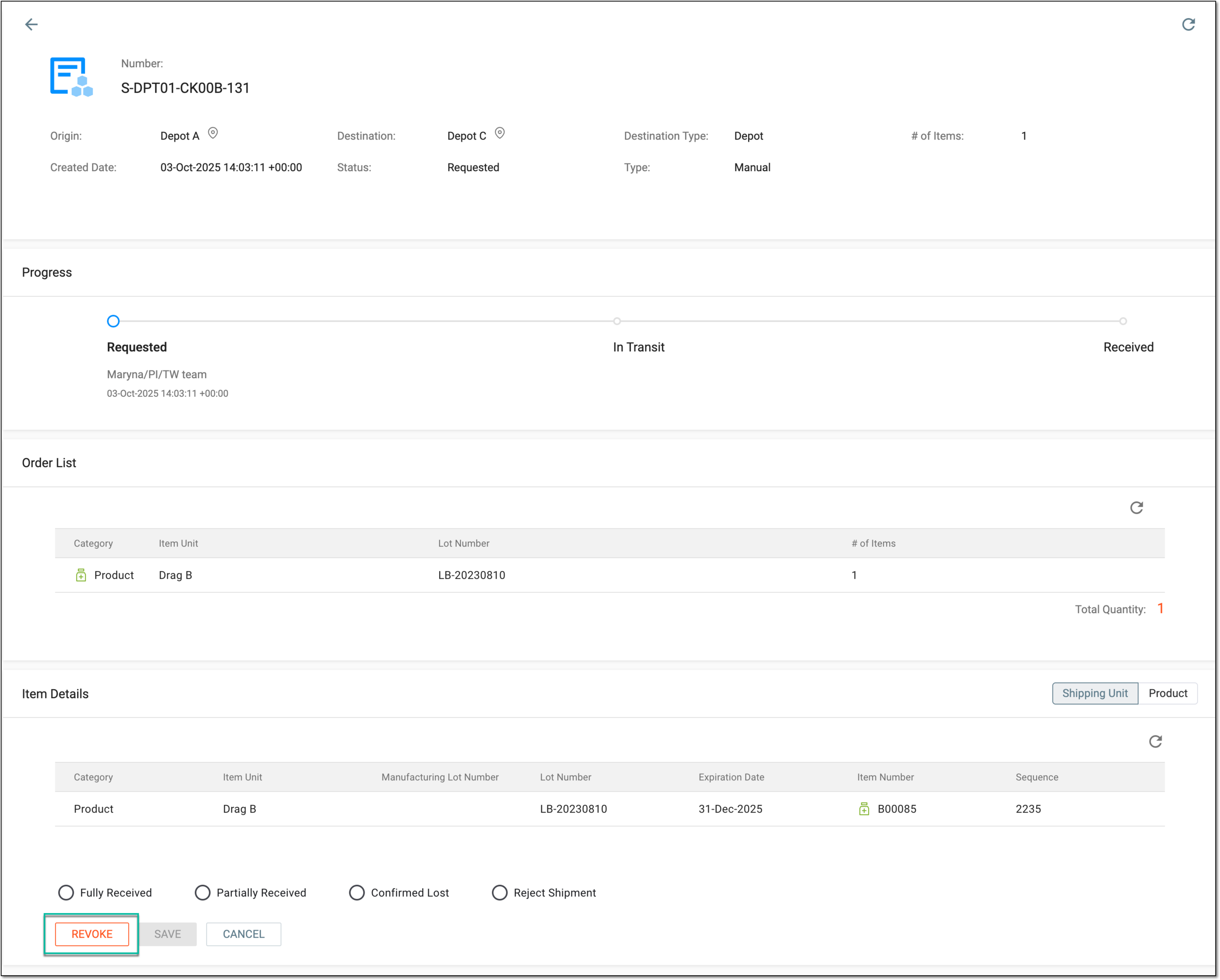 Revoking shipment as applicant depot