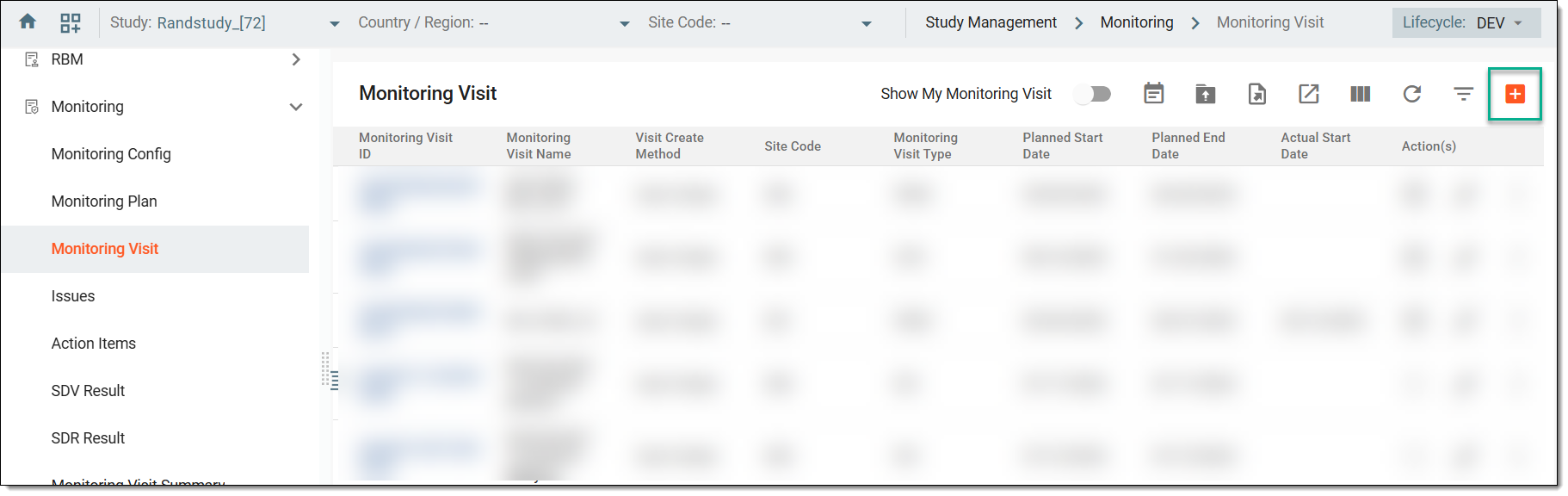 Accessing option to add monitoring visit
