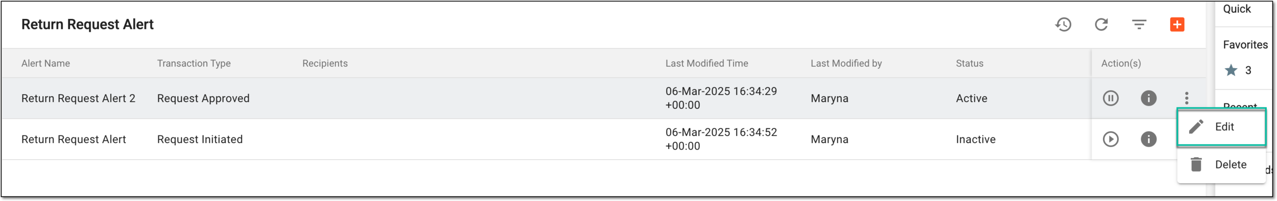 Selecting option to edit return request alert