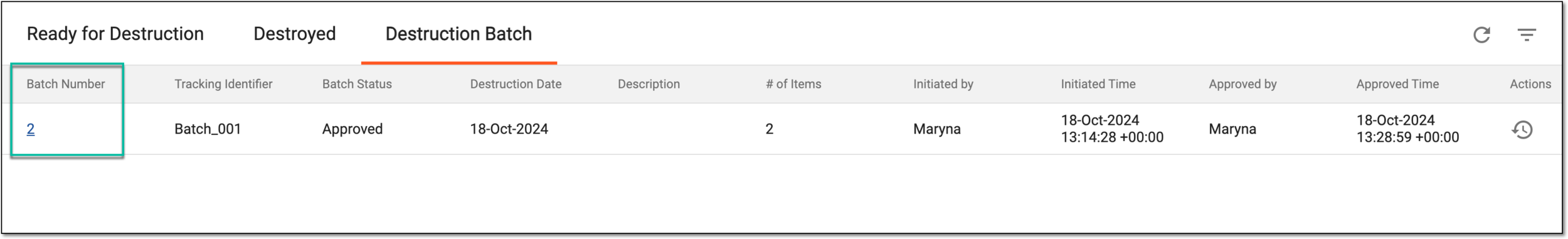 Selecting item destruction batch to revoke