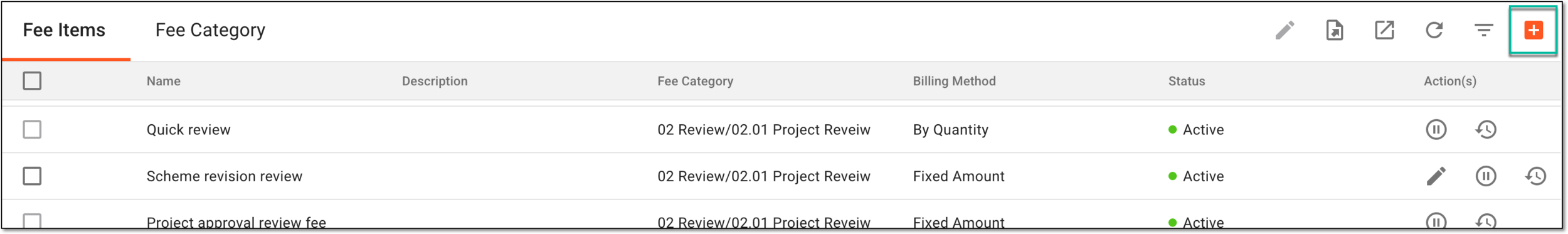 Selecting option to add fee item