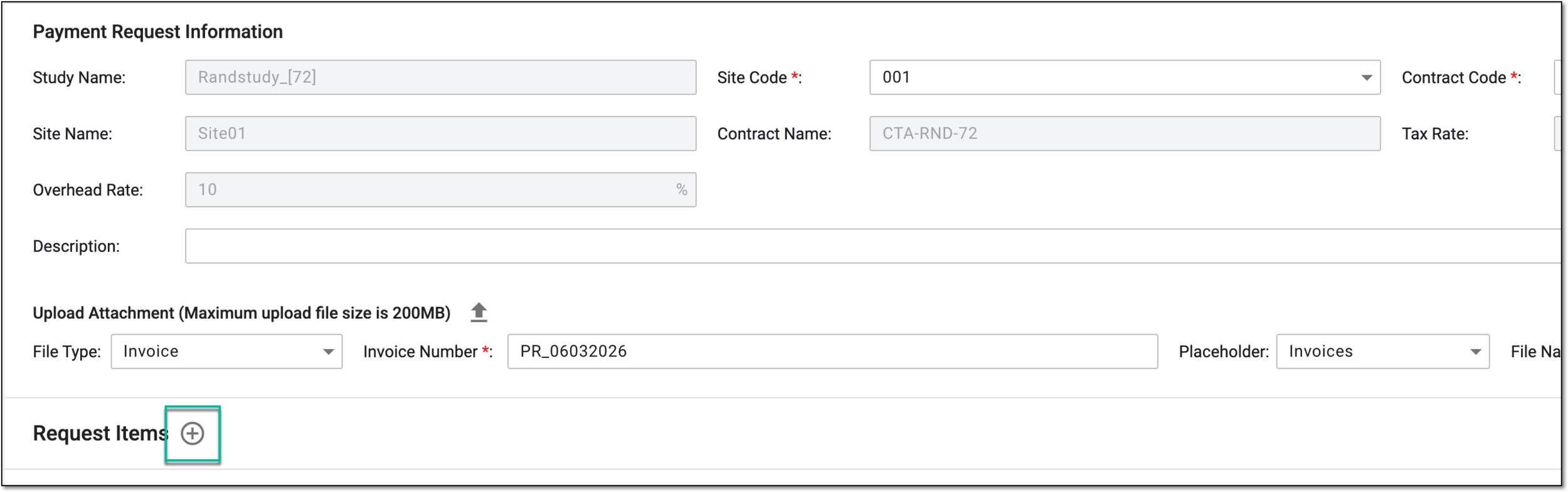 Selecting option to add request items