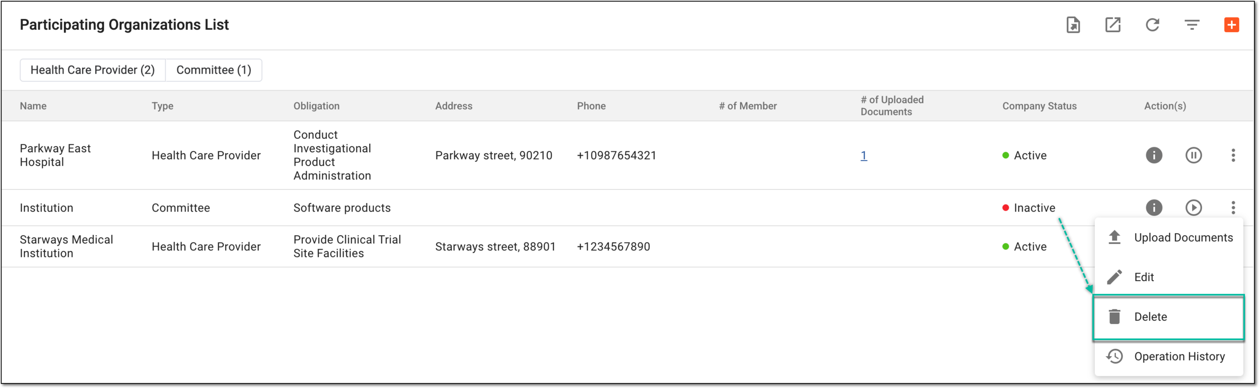 Selecting option to delete participating organization
