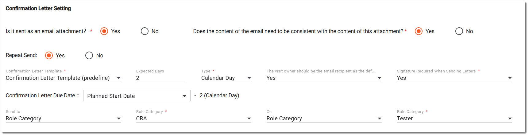 Defining confirmation letter settings. Monitoring configurations