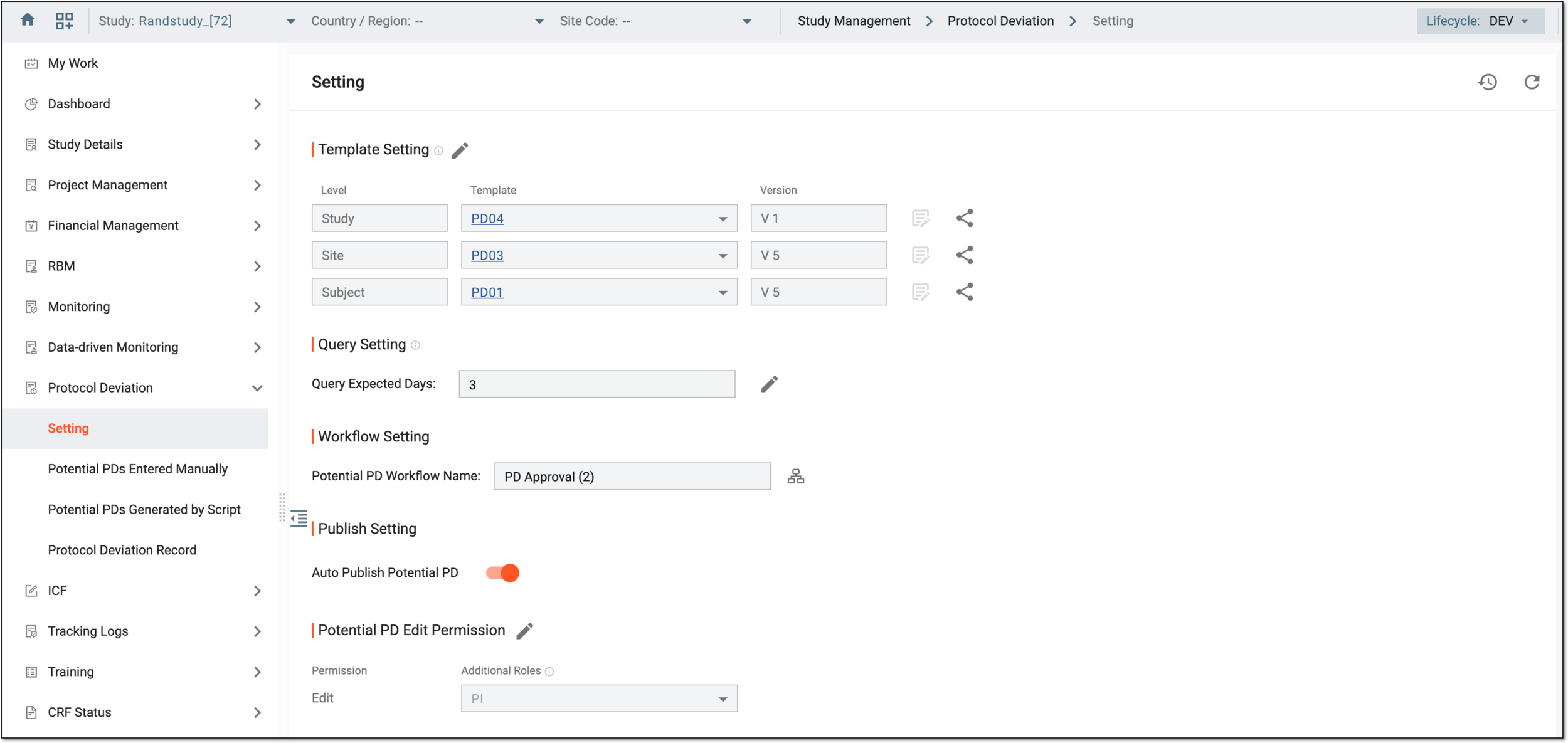 Protocol deviation setting