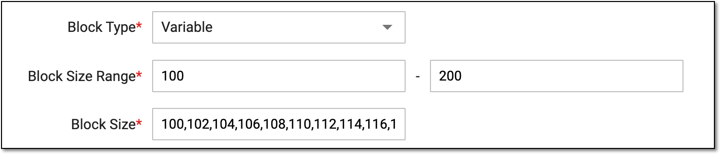 Setting block type and size range