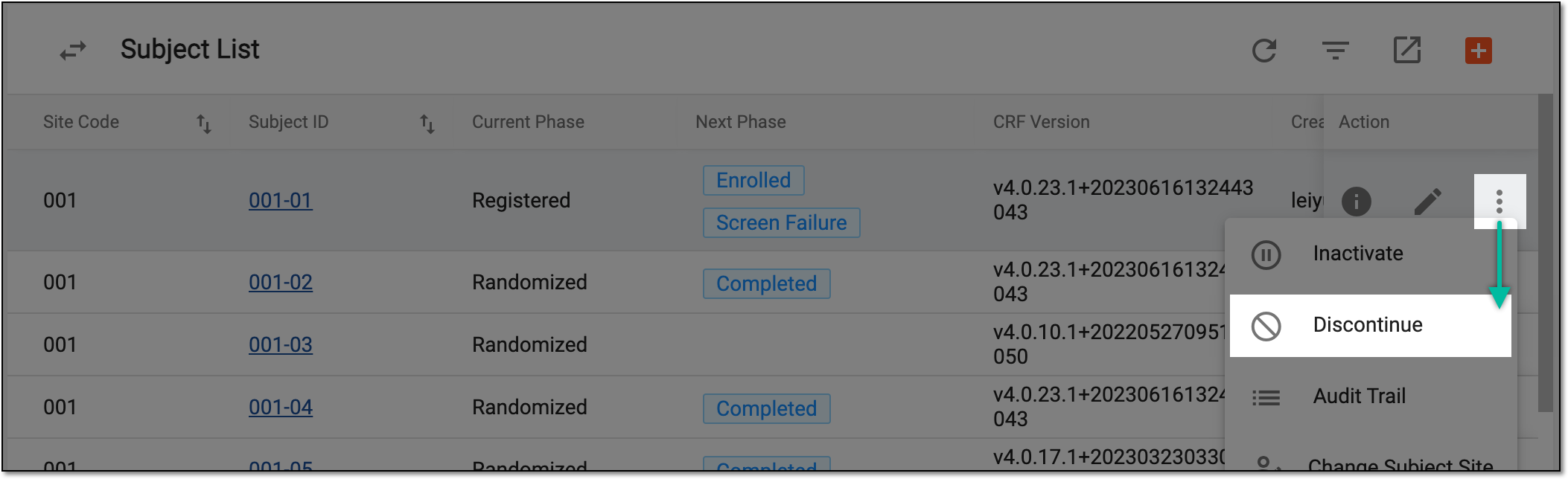 Selecting to discontinue subject