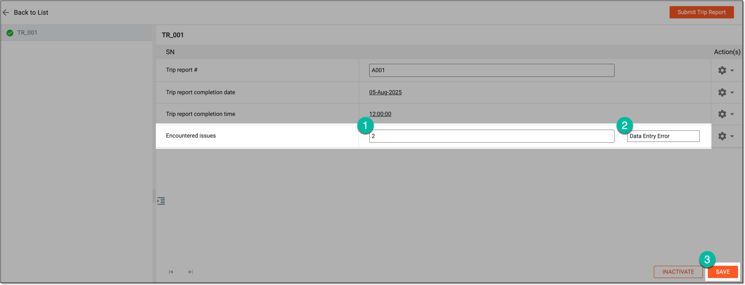 Updating value of trip report record